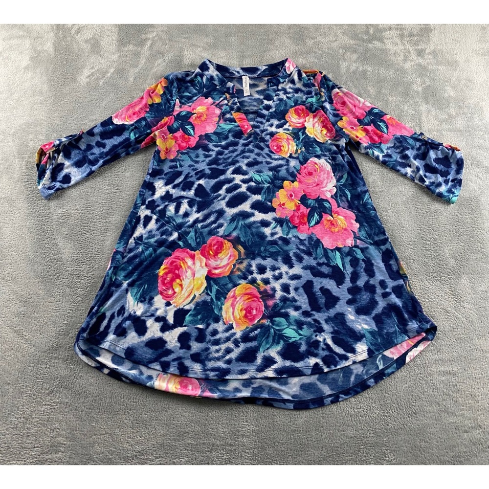 Honeyme Womens Navy Blue Leopard‎ Floral V-Neck Roll Tab Sleeve Tunic Top Small